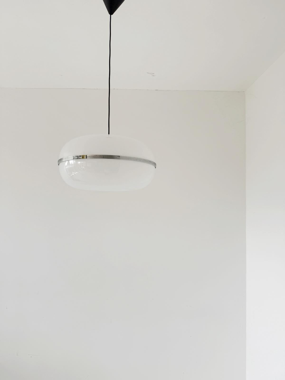 Pendant lamp in opal plexiglass and chromed metal, 1970s