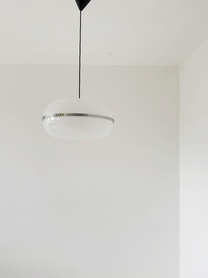 Pendant lamp in opal plexiglass and chromed metal, 1970s
