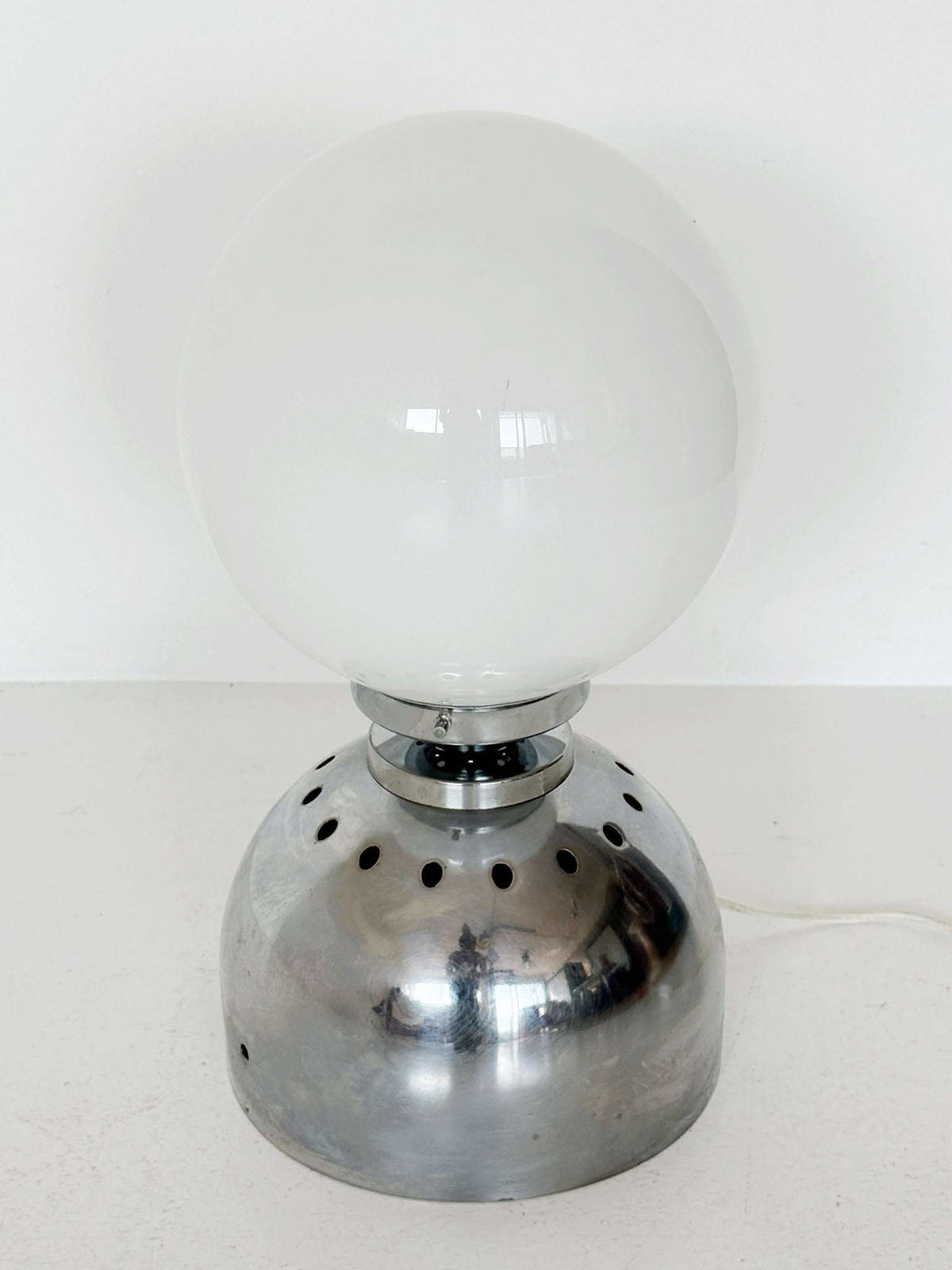 Space Age table lamp in chrome-plated metal and opal glass, 1960s–1970s