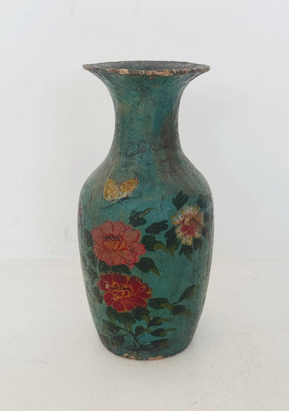 Turquoise papier-mâché vase with butterfly