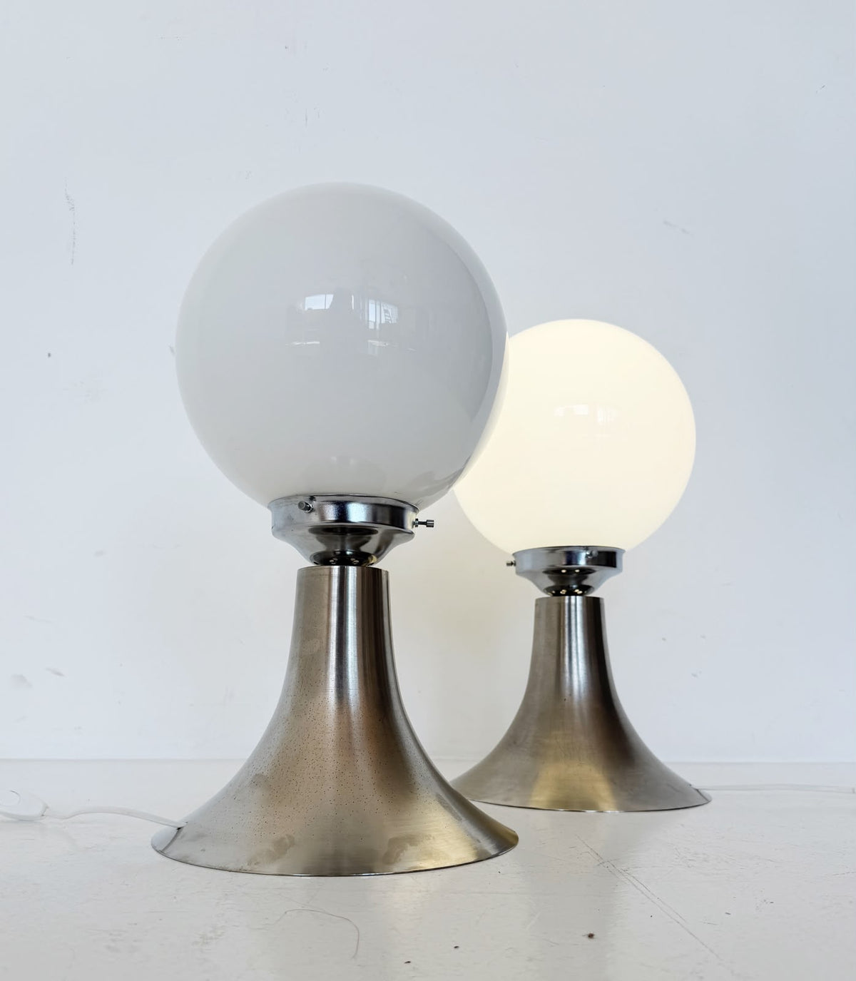 Pair of Space Age table lamps in metal and opal glass, 1970s