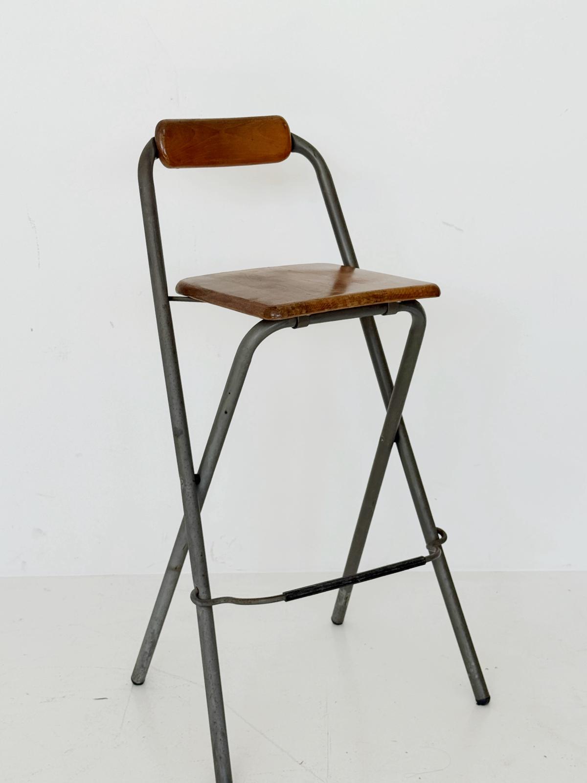 Industrial folding stool in wood and metal, 1980s