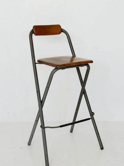 Industrial folding stool in wood and metal, 1980s