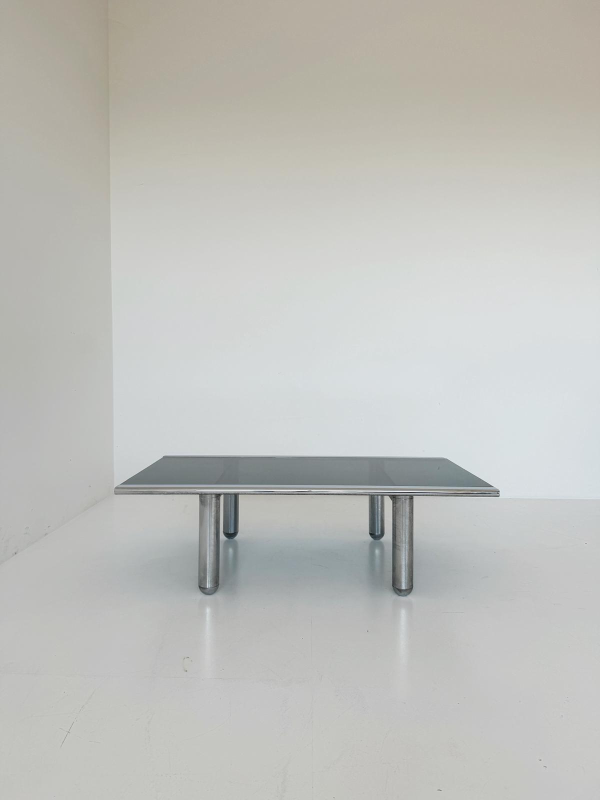 Rectangular smoked glass and metal coffee table, 1970s