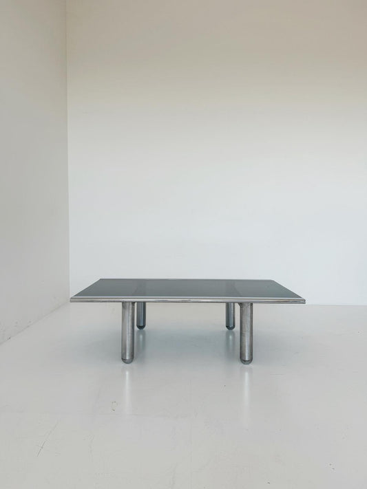 Tavolino rettangolare in vetro fumé e metallo, anni '70