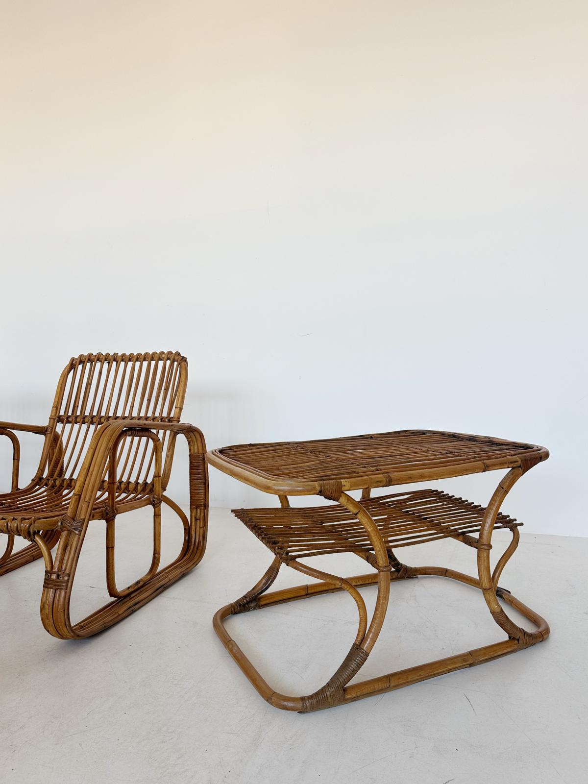 Original 60s rattan lounge set – 4 armchairs + coffee table