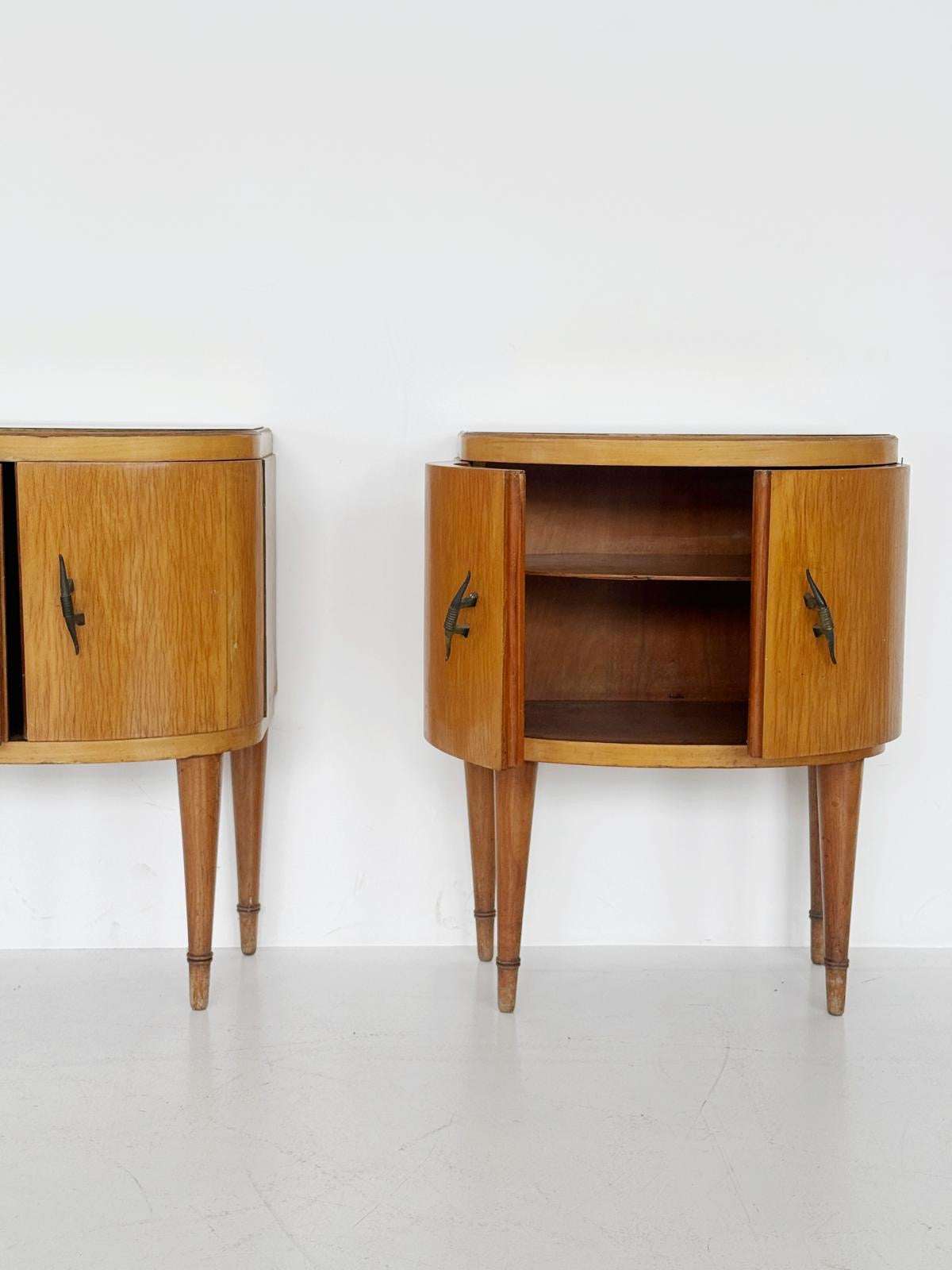 Pair of Curved Nightstands with Glass Tops – Italy, 1950s