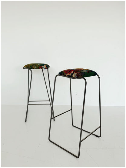 Pair of stools, handcrafted silver metal frame