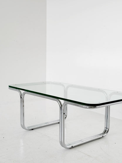 Rectangular coffee table in glass and chrome-plated steel, attributed to Gruppo DAM – Italy, 1970s