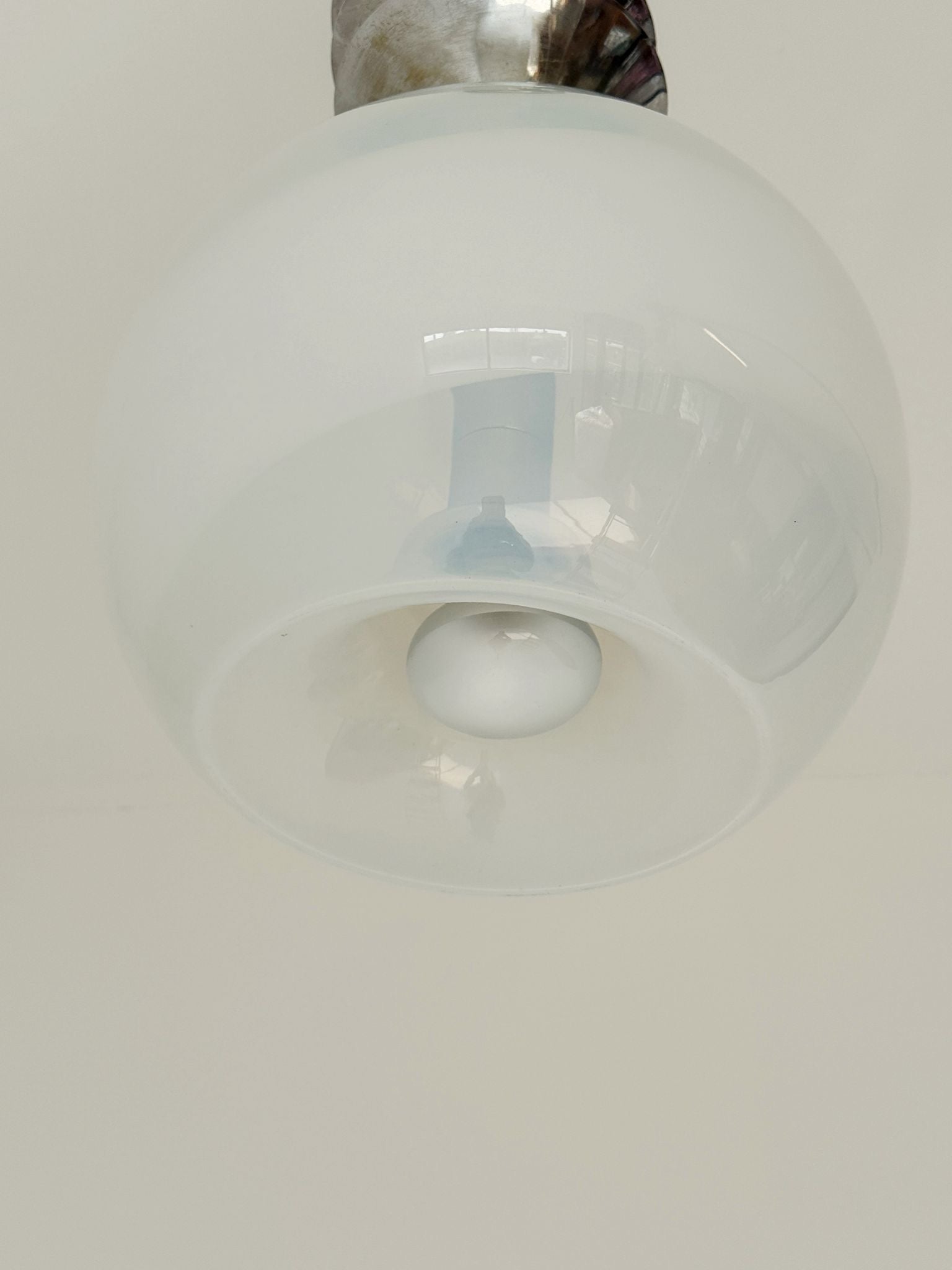 Pendant lamp with overlapping metal elements and an opaline globe – Italy, 1970s