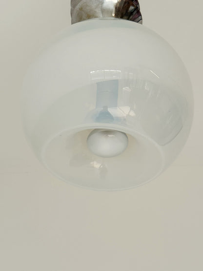 Pendant lamp with overlapping metal elements and an opaline globe – Italy, 1970s