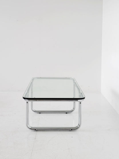 Rectangular coffee table in glass and chrome-plated steel, attributed to Gruppo DAM – Italy, 1970s