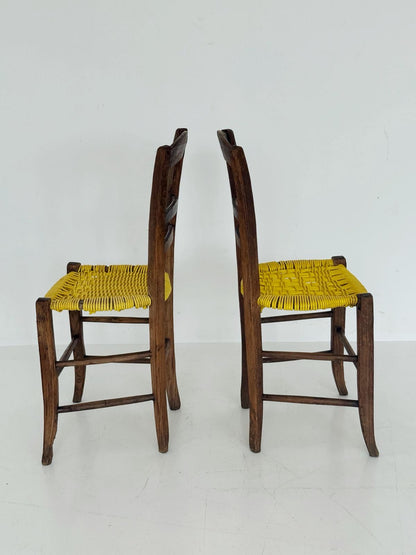 Pair of 1960s wooden chairs with yellow woven seat