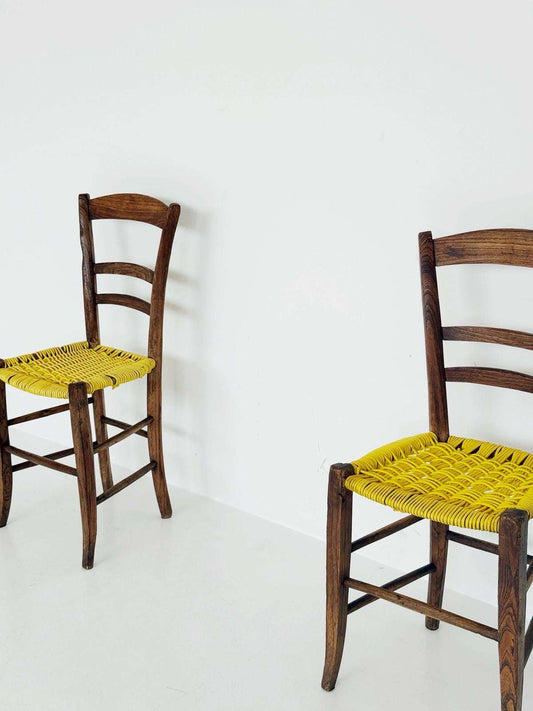 Pair of 1960s wooden chairs with yellow woven seat