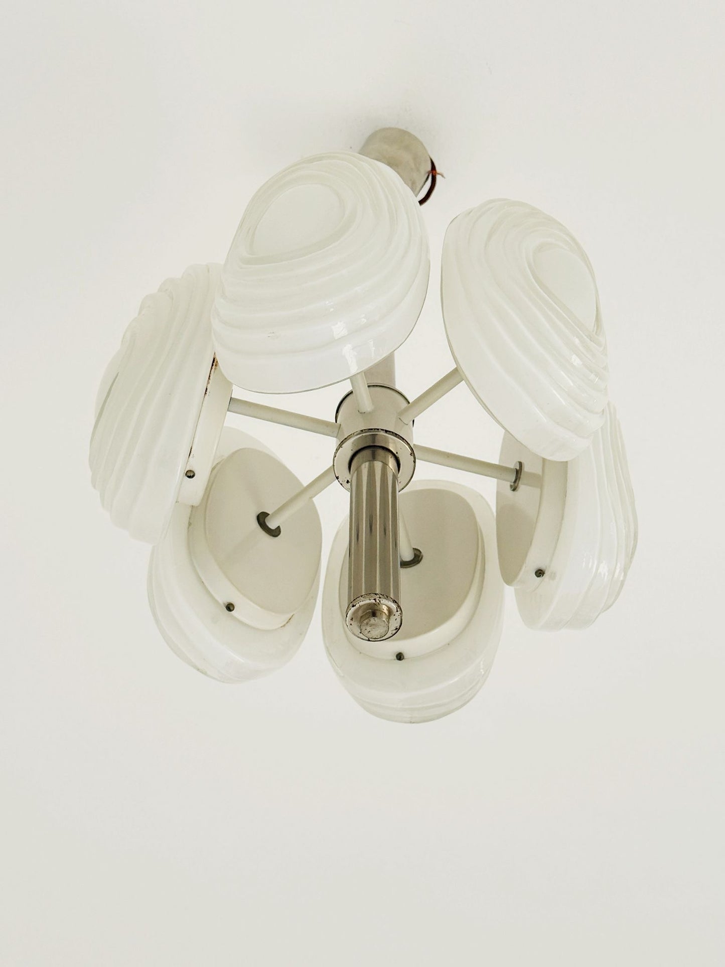 Six-element pendant lamp in molded opal glass – Italy, 1970s