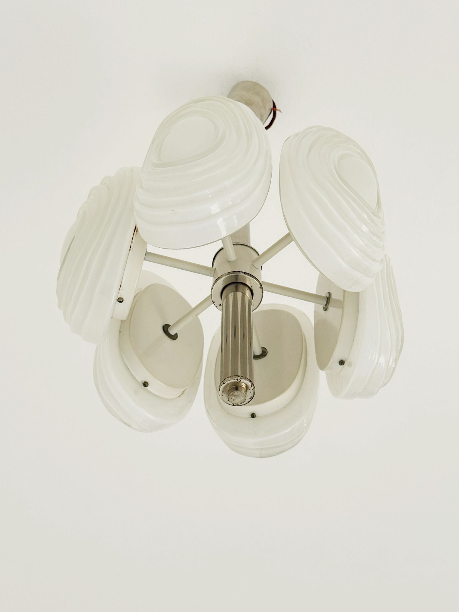 Six-element pendant lamp in molded opal glass – Italy, 1970s
