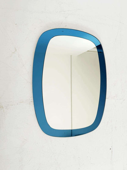Shaped mirror with blue glass frame – Italian production, 1970s